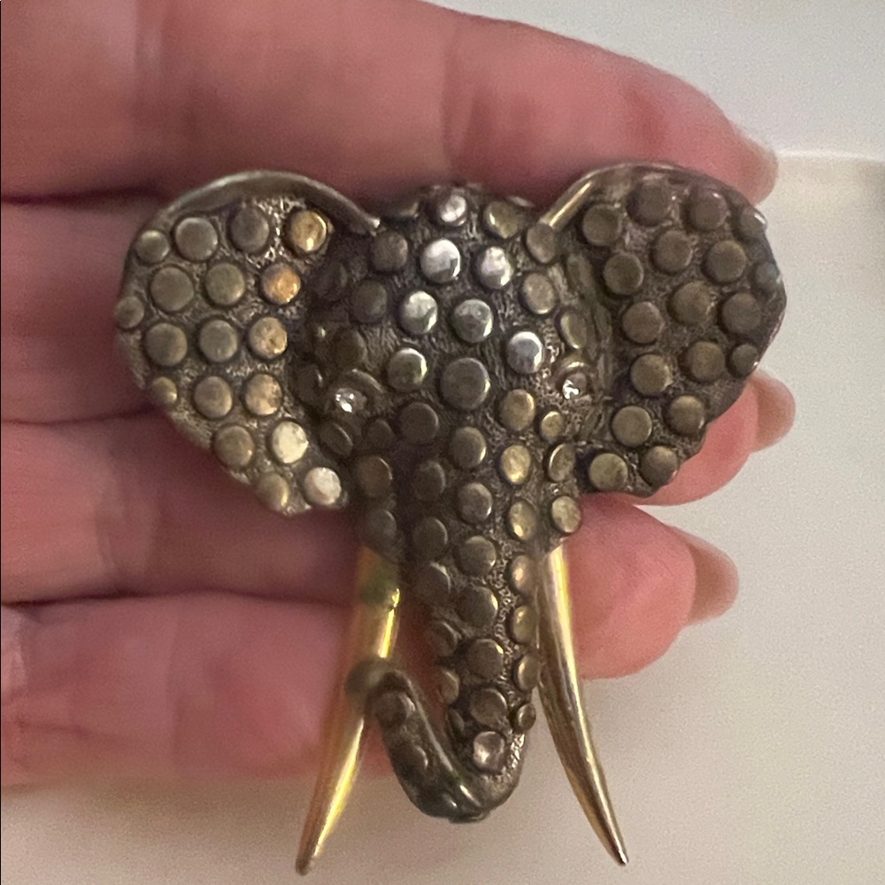 Bronze Elephant Head Brooch with Gold Tusks